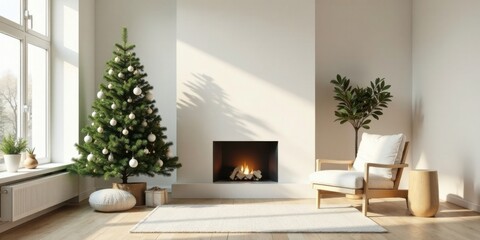 Serene Minimalist Living Room Decorated for the Winter Holidays Featuring a Christmas Tree, Fireplace, and Comfortable Seating