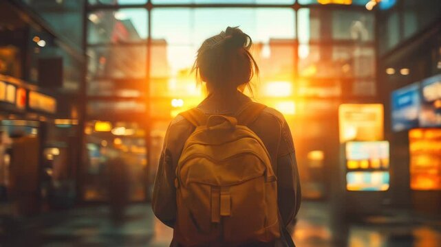 Woman with a backpack standing in a building