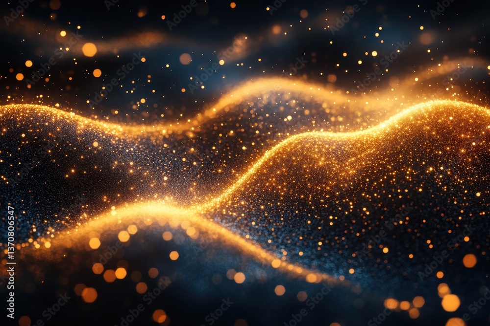 Poster elegant golden particles flowing in waves through a dark backdrop create a mesmerizing visual effect