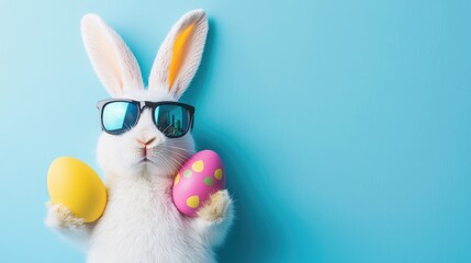 Fototapeta premium Cool Easter bunny in black sunglasses holding pink and yellow eggs on bright blue background with copy space. Great for Easter ads, greeting cards, and seasonal branding
