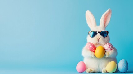 Fototapeta premium Cool Easter bunny wearing tortoiseshell sunglasses holding colorful eggs on a bright blue background with copy space. Great for Easter cards, festive marketing, and seasonal designs