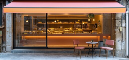 A modern bakery storefront with orange awning, large windows showcasing pastries, and outdoor seating.