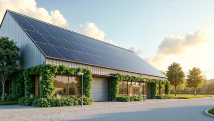Fototapeta premium Exterior of a modern warehouse with solar panels on the roof and greenery along the walls, captured in clear daylight with a wide, sharp view. Scene symbolizes sustainable e-commerce