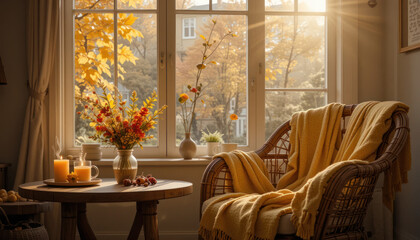 Cozy autumn scene window with fall foliage outside