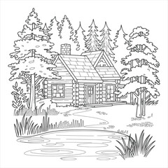 village landscape with trees and houses coloring book