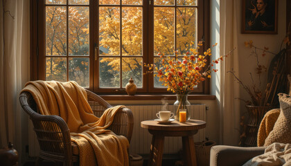 Cozy autumn scene window with fall foliage outside