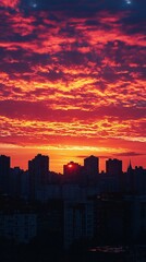 Obraz premium Fiery sunset cityscape panorama Dramatic red sky over urban buildings at dusk Stunning cloud formations paint the evening sky with vibrant colors