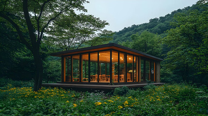 Fototapeta premium Wooden Gazebo With Glass Walls In A Garden
