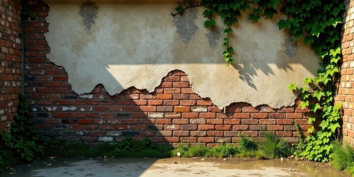 Rustic Brick Wall with Weathered Plaster and Lush Greenery, Perfect for Backgrounds and Design Elements