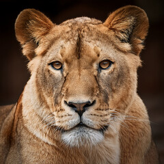 primissimo piano di una leonessa ripreso di fronte