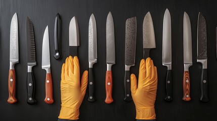 rubber gloved in kitchen concept. Collection of various knives with gloved hands on a dark surface.