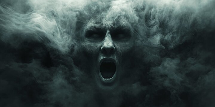 Whispers of the Soul: A surreal depiction of a spectral entity emerging from swirling, dark smoke, the face contorted in a silent scream, evoking feelings of mystery and dread.
