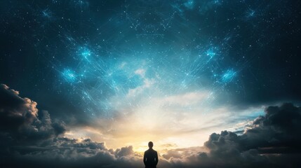 Fototapeta premium A silhouette of a person gazes at a vast cosmic sky filled with stars and clouds, evoking a sense of wonder and exploration.
