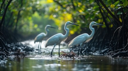 Egrets wading in mangrove creek at dawn with crabs in shallow water