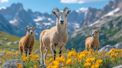 Fototapeta premium Mountain goats in wildflowers, alpine meadow, scenic backdrop