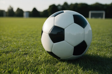 Fototapeta premium soccer ball resting on vibrant, lush green sports grass, creating a classic and energetic image of the game.