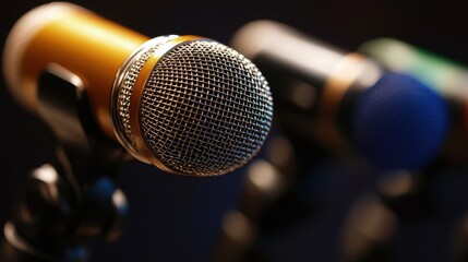 Close-up of colorful microphones, highlighting their mesh heads and grips, suitable for performances or recordings.