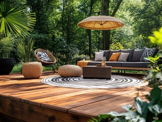 Serene outdoor living space with stylish furniture on a wooden deck surrounded by lush greenery creating a relaxing and inviting atmosphere for leisure
