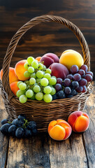 rustic fruit basket filled with assorted fresh fruits, including peaches, grapes, and plums, creates vibrant and inviting display. natural wood background enhances freshness and appeal of fruits