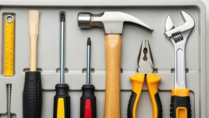 Close-up of a toolset with hammer, screwdriver, wrench, and pliers in a case