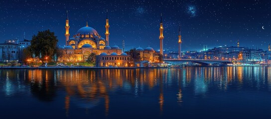 Obraz premium Night view of illuminated mosque and city skyline reflected in calm water under starry sky.