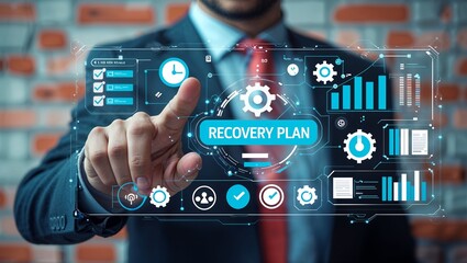 businessman touching virtual screen text ' recovery plan'  shows Business Recovery Plan Strategy