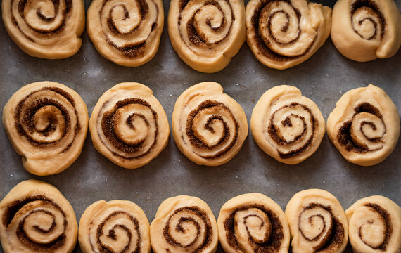 Raw cinnamon rolls on a baking sheet. The process of making buns sinabon. Top view.