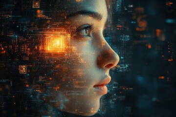 Innovative fusion of technology and humanity illustrated by a young woman with digital elements enhancing her profile