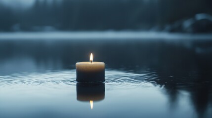 A candle floats on still water, casting a gentle glow in the serene, misty environment, creating a tranquil and peaceful atmosphere.