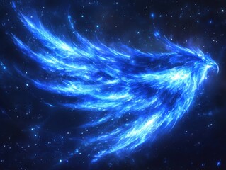 Fototapeta premium Ethereal blue phoenix soars through a starlit cosmos digital artwork evoking fantasy and celestial wonderment in a dramatic low angle shot