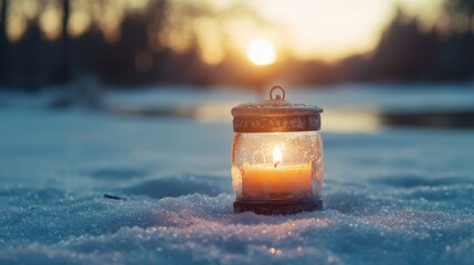 A glowing candle in a glass lantern sits on the snow, illuminated by the soft light of the sunset, creating a serene winter atmosphere.