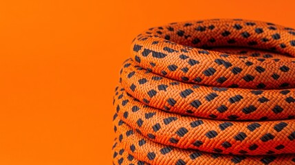 Coiled orange climbing rope with black spots on a solid orange background.