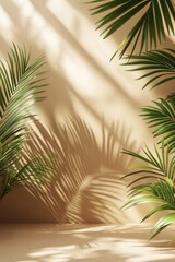 Fototapeta premium Tropical Palm Leaves Casting Shadows on a Beige Wall Creating a Calming and Serene Indoor Ambiance Perfect for Relaxation and Meditation