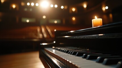 A close-up of a piano with a lit candle in a dimly lit theater, creating a warm, inviting atmosphere for a musical performance.