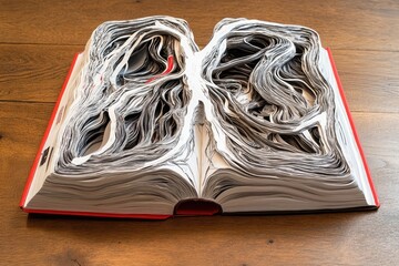 Open book art lung illustration. Layers of paper reveal anatomical form, red details, on wood surface