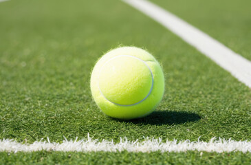 tennis ball resting on lush, green sport grass, perfectly capturing the essence of the game and outdoor recreation.