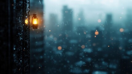 Naklejka premium A lantern illuminates a rainy cityscape, creating a warm glow amidst a cold, moody atmosphere and blurred skyscrapers in the background.