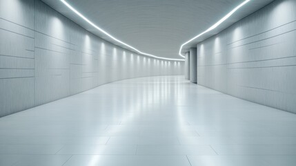 Modern, sleek hallway with ambient lighting.  Empty, minimalist corridor with a smooth, reflective floor.  Walls feature a light gray paneling and a curved design