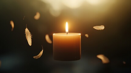 A serene candle emits a warm glow, surrounded by floating feathers, evoking a peaceful and ethereal atmosphere.