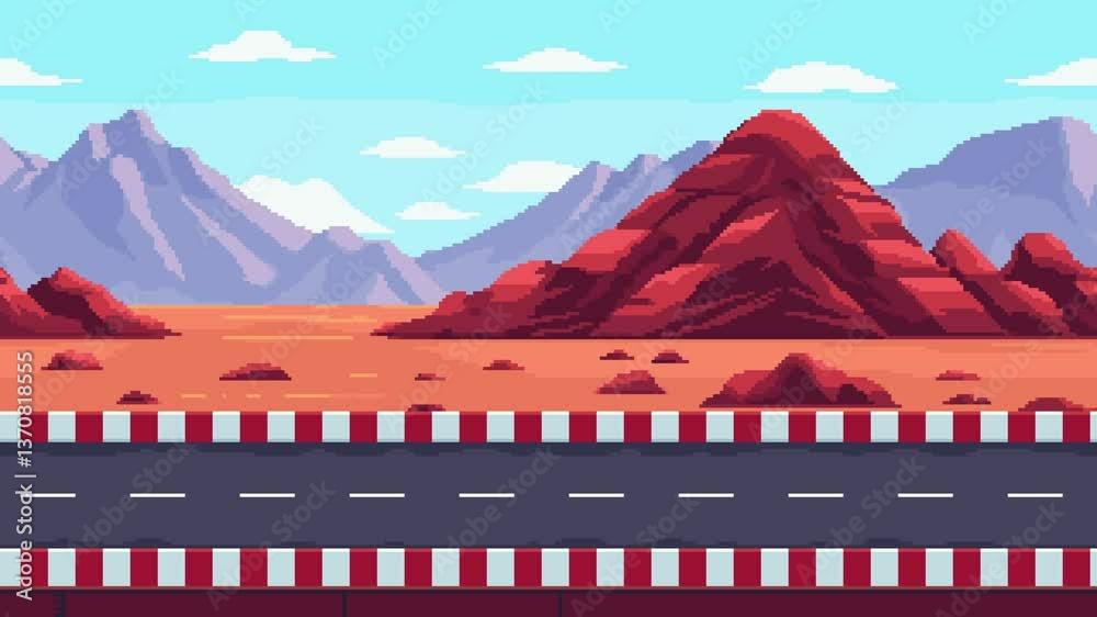 Aufkleber pixel art racing game level background. pixel retro design. 8-bit image. 2d racing track. mountains,