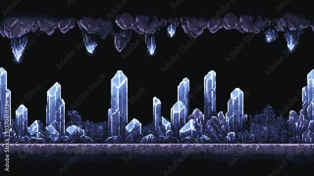 Poster pixel art retro dungeon game level, 8 bit crystal cavern, 2d video game background, underground cave