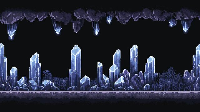 pixel art retro dungeon game level, 8 bit crystal cavern, 2d video game background, underground cave with rocks and platform. Video animation.