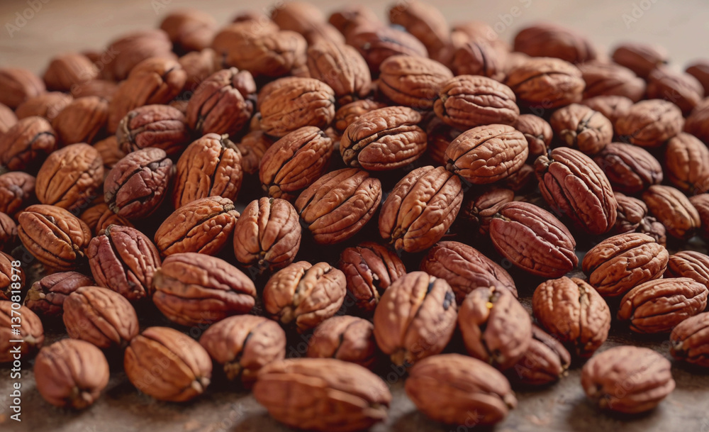 Poster Pile of nuts with a brown color. The nuts are scattered all over the surface. There are many nuts in the pile