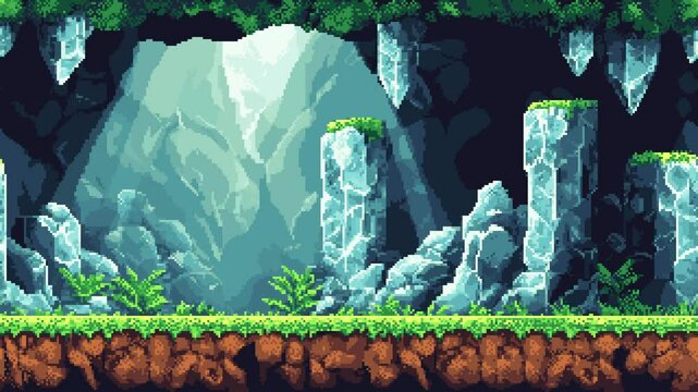 pixel art retro game level, Crystal Cavern, 8 bit 2d video game background, underground cave and with grass, rocks and platform. Video animation.