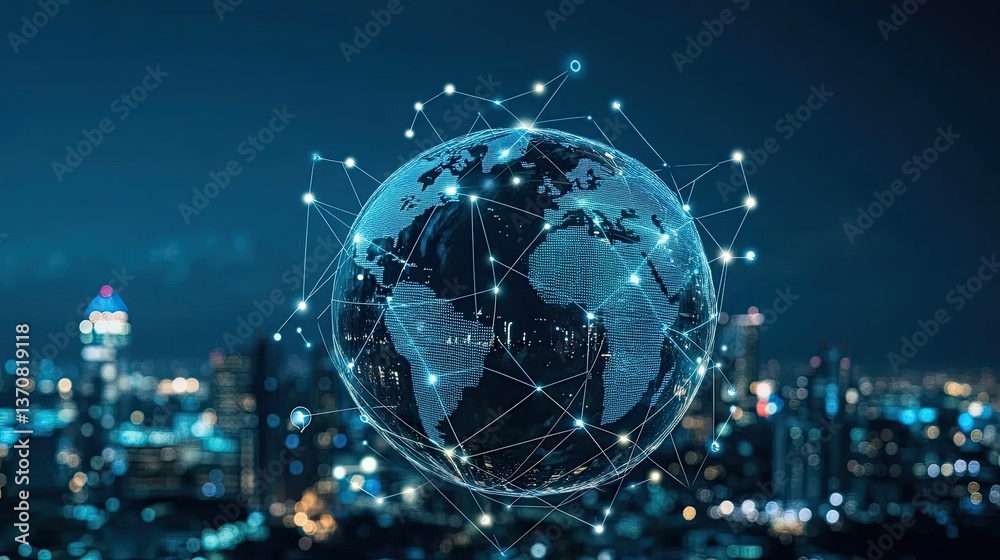 Poster the concept of smart cities and global networks envisions future urban areas interconnected through 