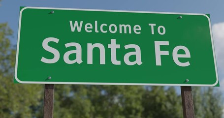 Driving By A Welcome To Santa Fe, New Mexico Green Road Sign Against a Blue Sky and Clouds - United States Capital Series.