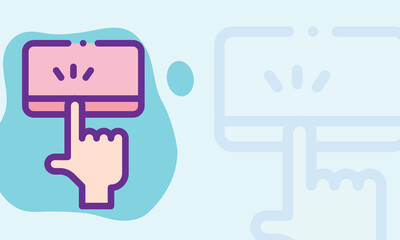 A modern, flat-style digital illustration of a hand pressing a button on a touchscreen device