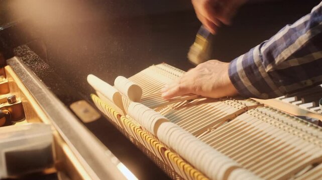 Piano technician adjusting the action mechanism of a grand piano, fine-tuning hammers and dampers under warm lighting