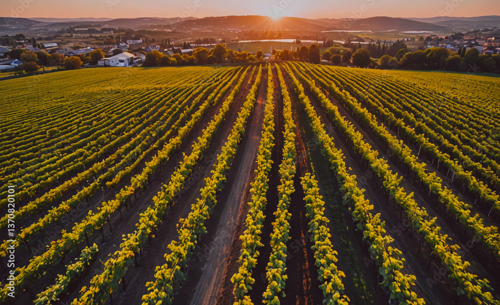 Poster Field of grapes with a sun in the sky. The sun is in the background. The grapes are in rows