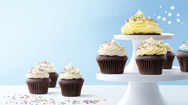 Delightful chocolate cupcakes topped with creamy frosting and colorful sprinkles create whimsical dessert scene. Perfect for celebrations and sweet moments
